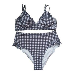 Hanna Nikole Blue/White Checkered Bikini Set XL Ruffled Edges Adjustable Straps